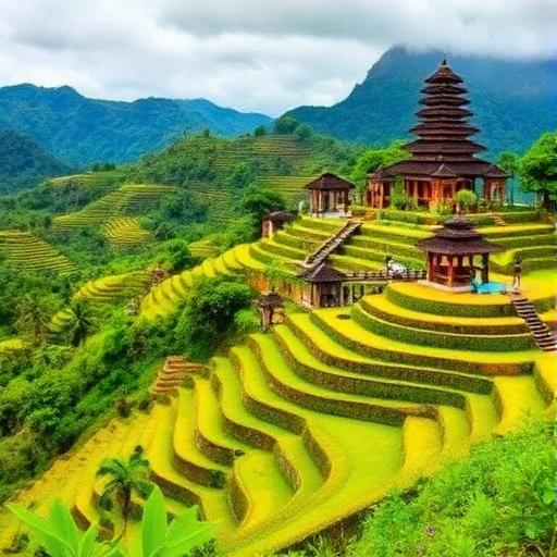Rizières en terrasses et temple à Bali