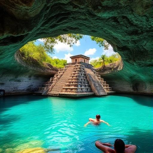 Cénote turquoise et pyramide maya au Mexique