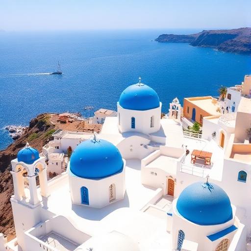 Dômes bleus et maisons blanches en Grèce