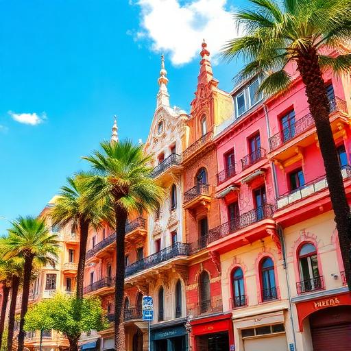 Façades colorées et palmiers en Espagne