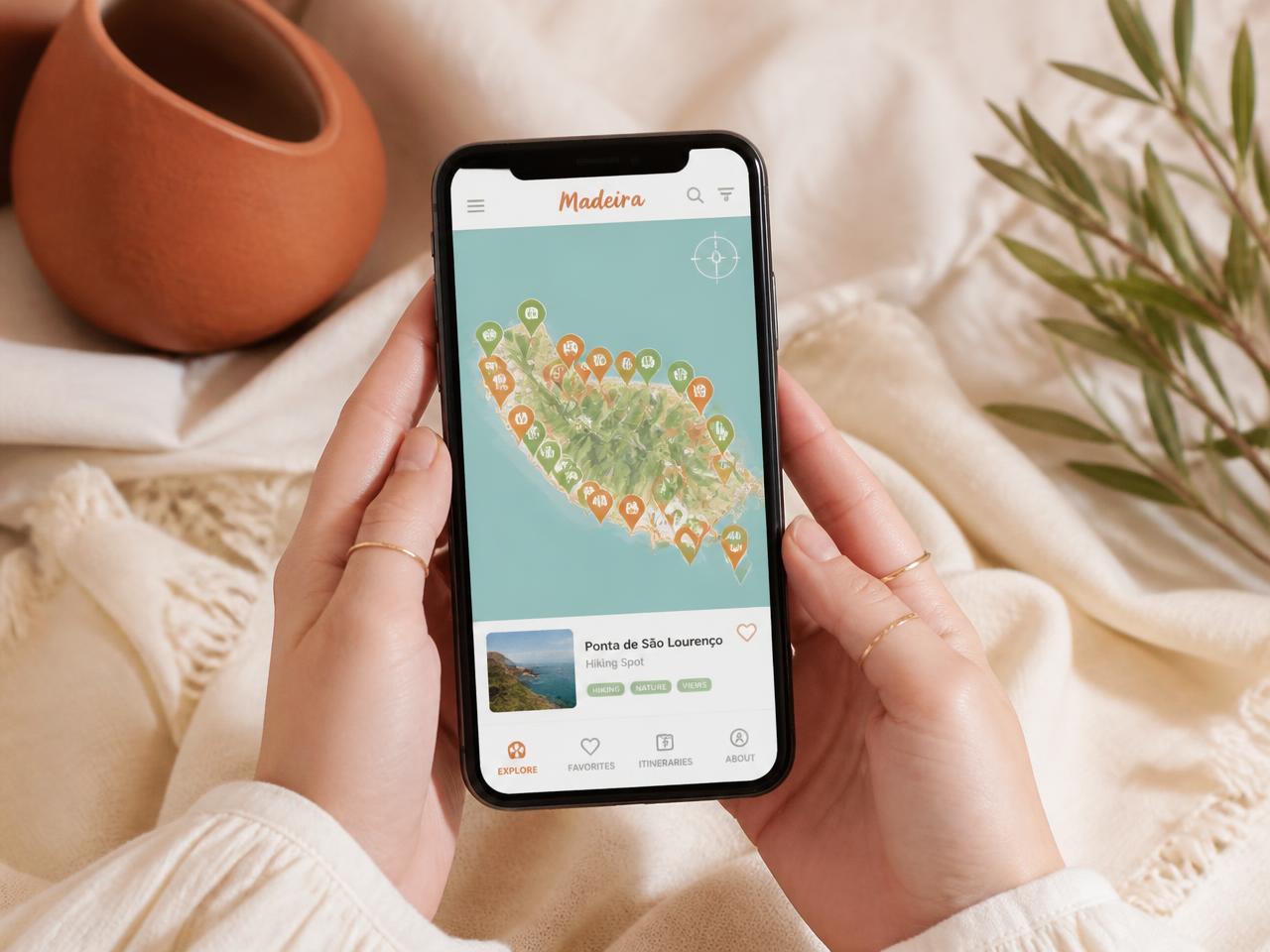 Carte interactive de Madère ouverte sur un téléphone, avec plus de 300 adresses géolocalisées