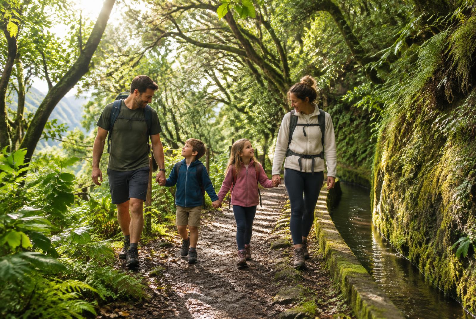 Famille marchant le long d'une levada en forêt à Madère
