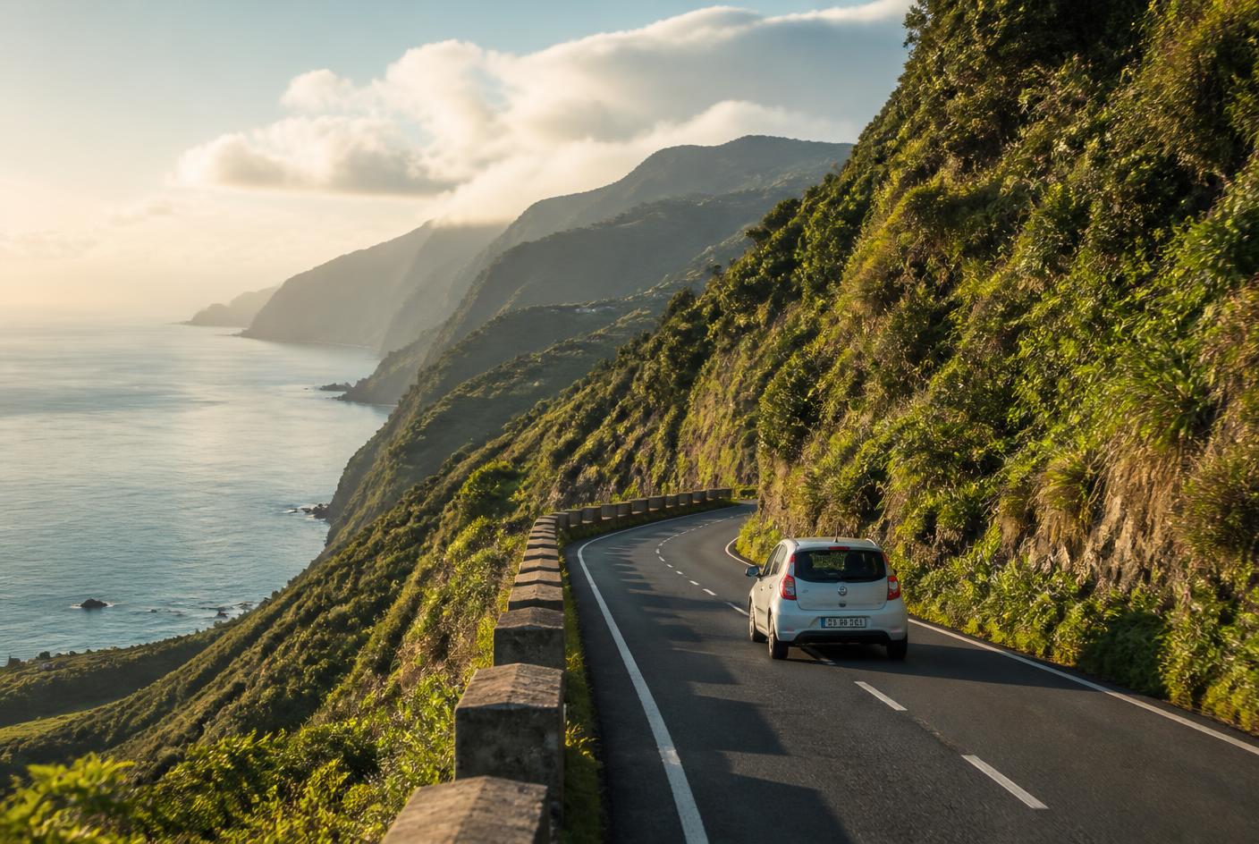 Petite voiture de location sur une route côtière sinueuse de Madère