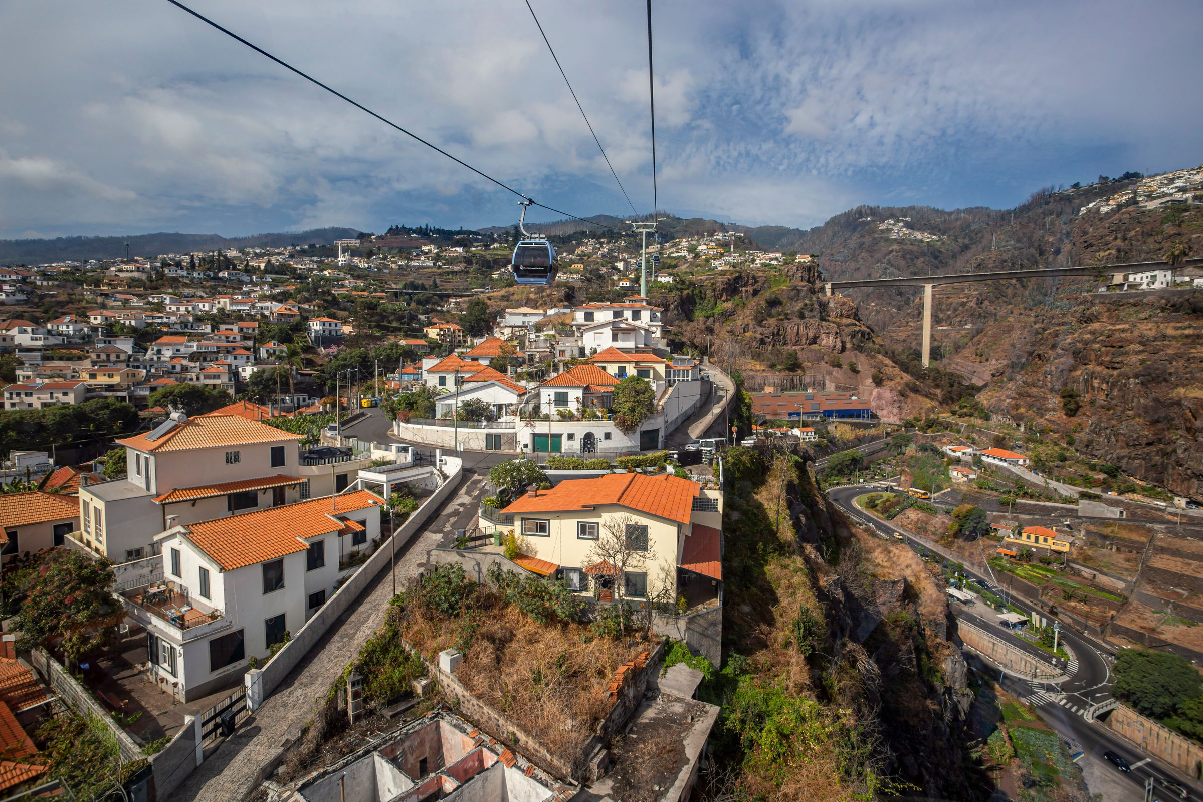 Houses of southern Madeira above the ocean, Funchal cable car