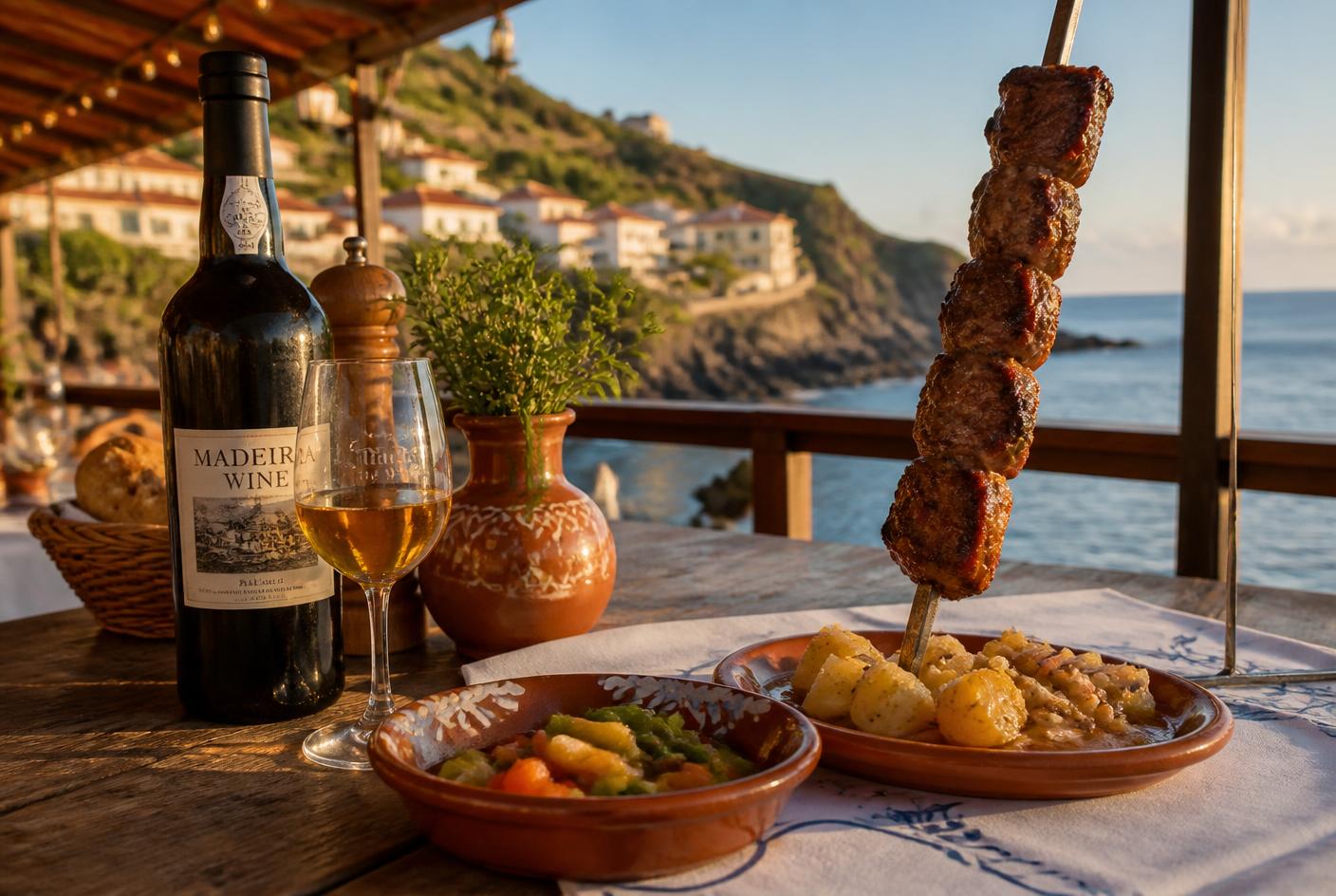 Table de restaurant traditionnel à Madère avec spécialités locales