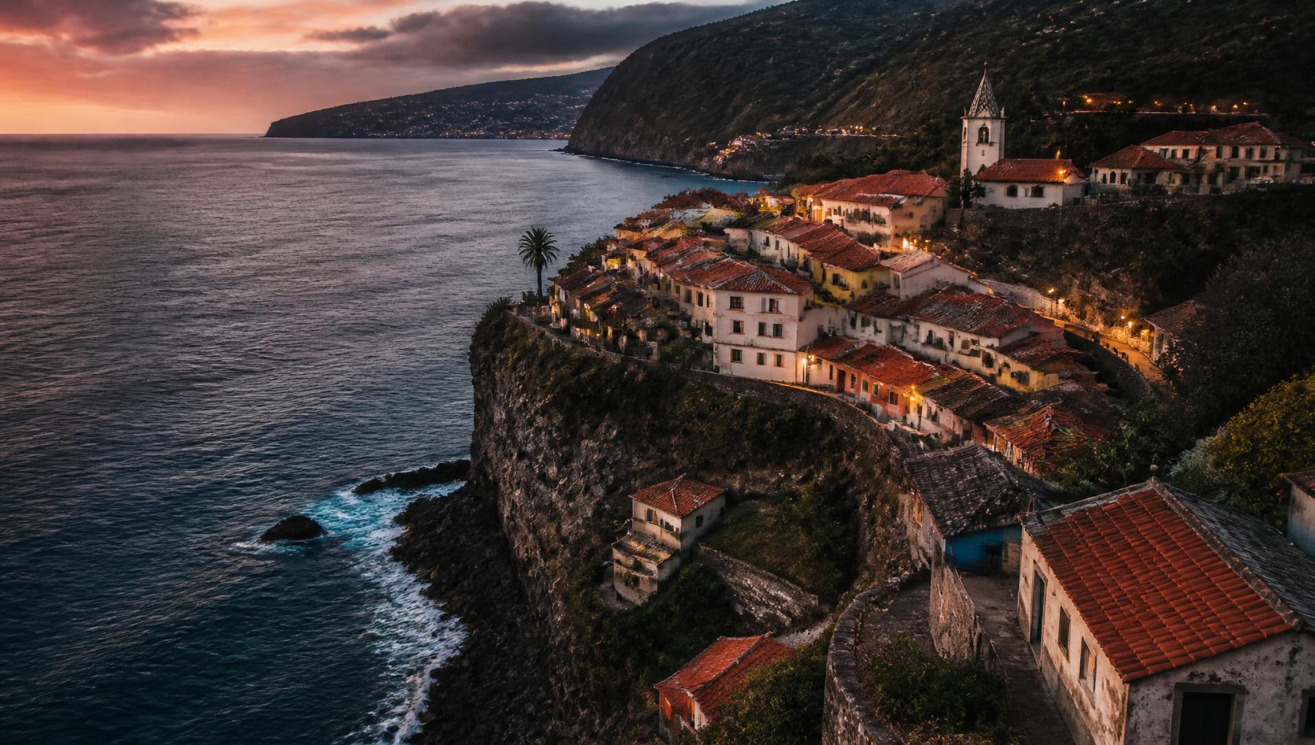 Village côtier de Madère au coucher du soleil, entre montagne et Atlantique