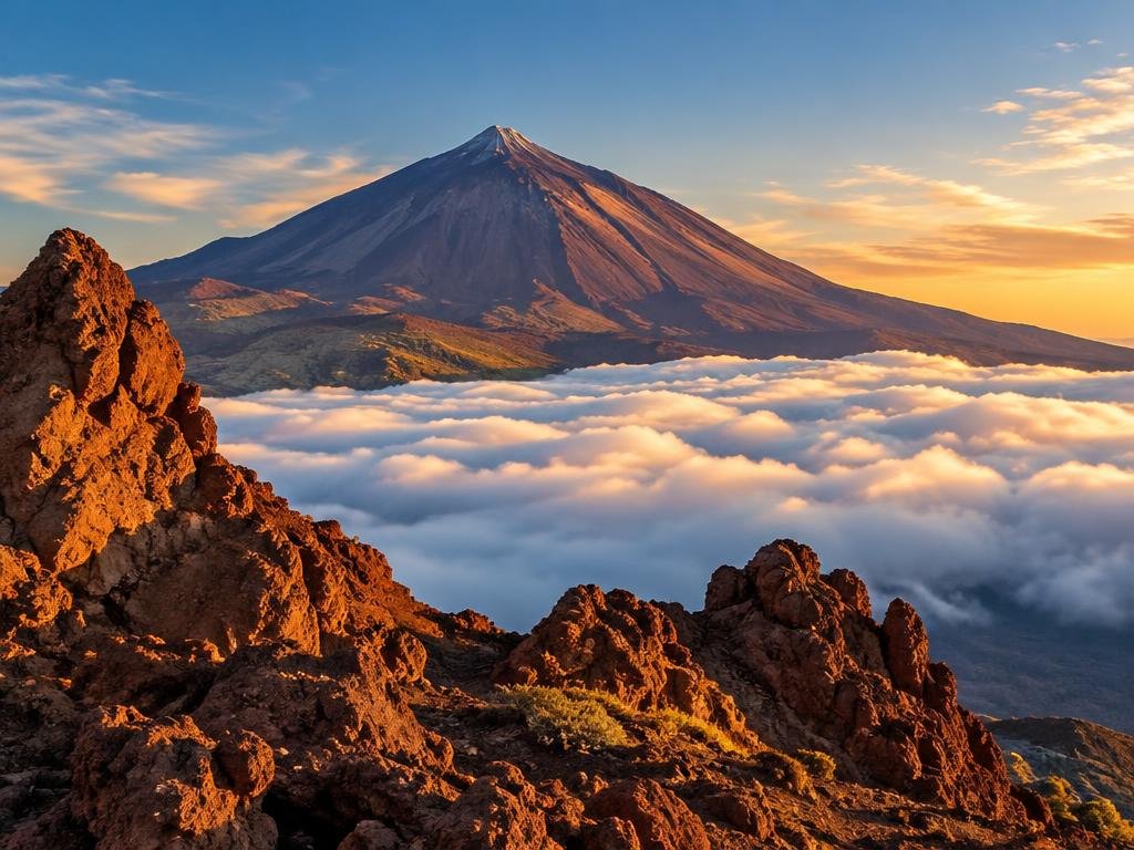 Volcan Teide dominant une mer de nuages au coucher du soleil à Tenerife, Canaries