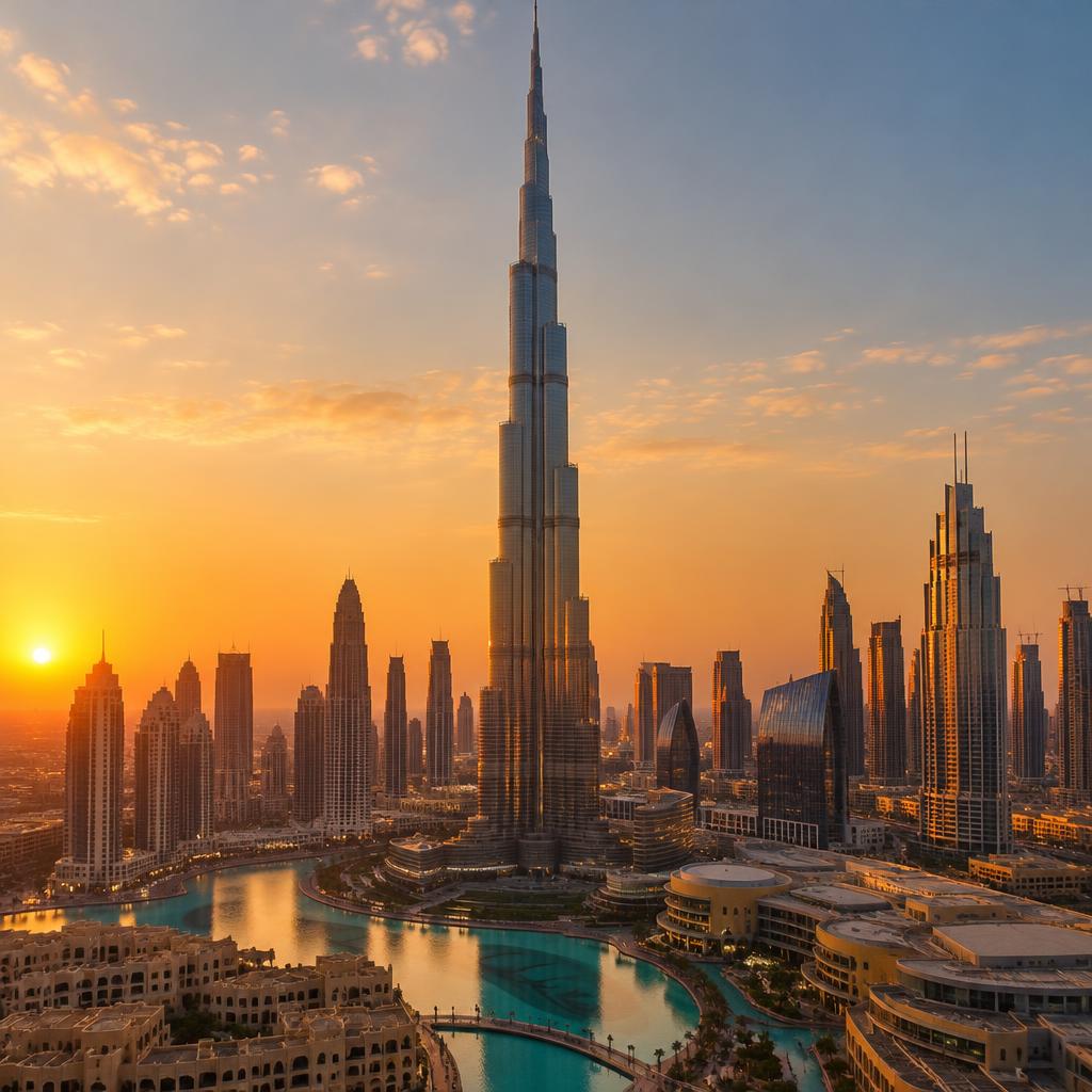 Burj Khalifa et skyline de Dubaï au coucher du soleil