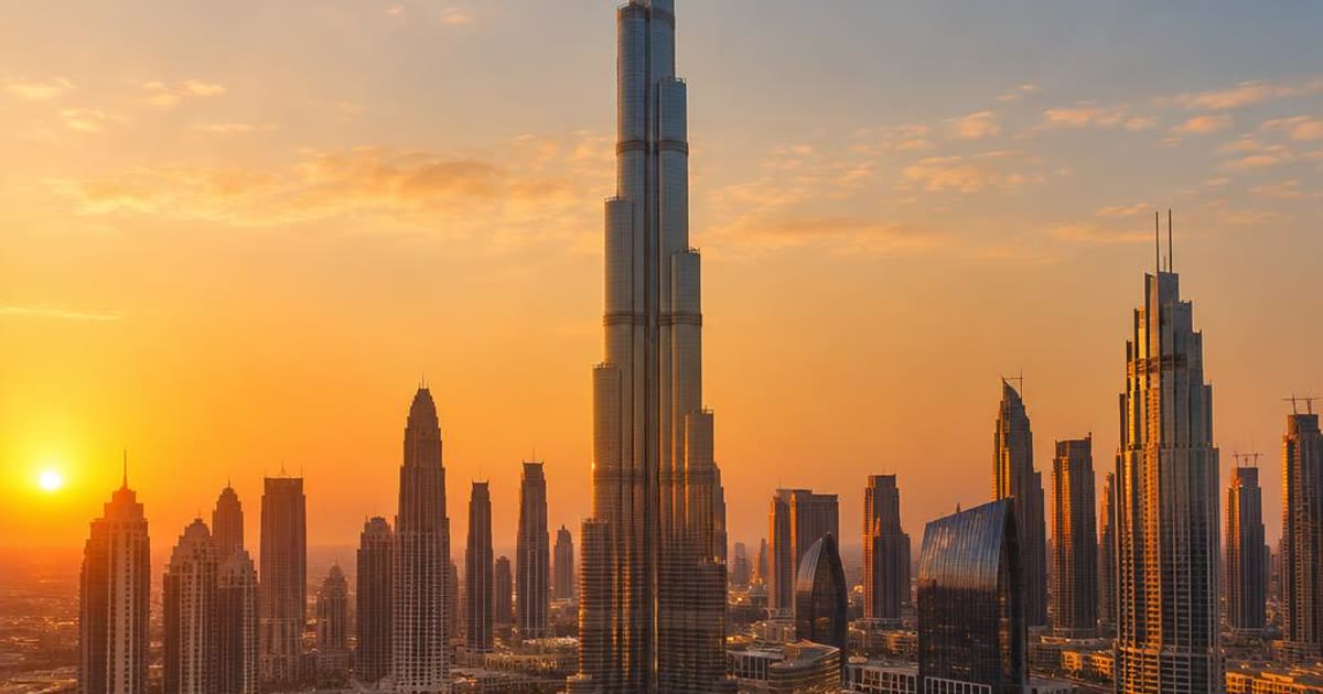 Burj Khalifa et skyline de Dubaï au coucher du soleil