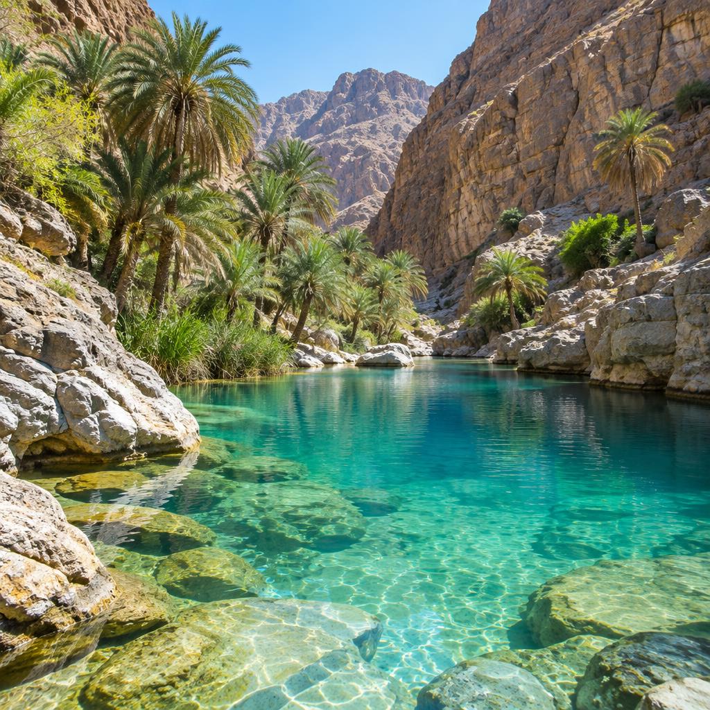 Wadi aux eaux turquoise entouré de palmiers à Oman